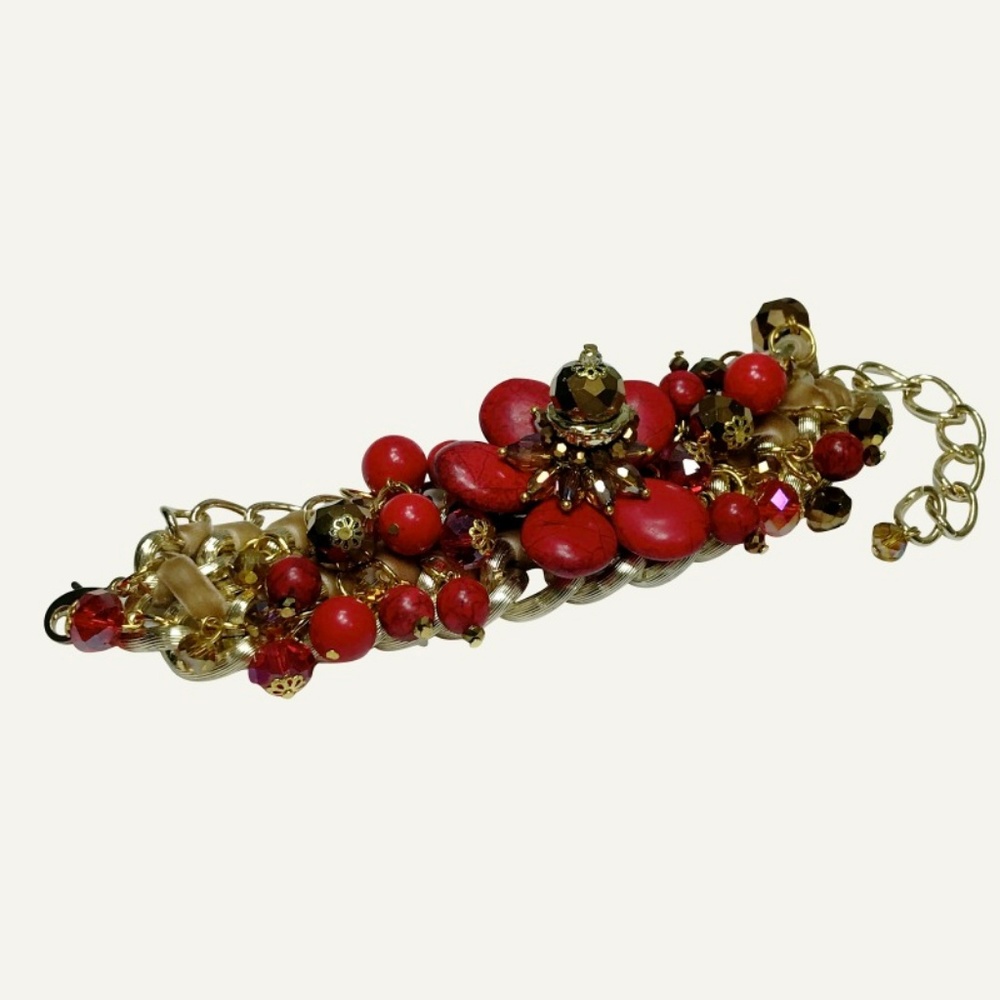 Handmade Red Bracelet Flower Stone Clusters Beads - Picture 4 of 6
